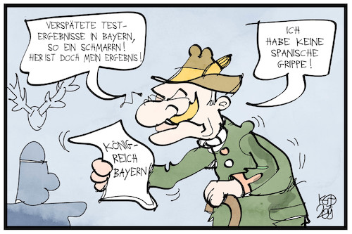 Cartoon: Bayerische Testpannen (medium) by Kostas Koufogiorgos tagged karikatur,koufogiorgos,illustration,cartoon,bayern,test,panne,grippe,corona,virus,verspätung,geschichte,alter,testergebnis,karikatur,koufogiorgos,illustration,cartoon,bayern,test,panne,grippe,corona,virus,verspätung,geschichte,alter,testergebnis