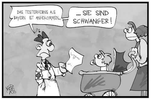 Cartoon: Bayerische Tests (medium) by Kostas Koufogiorgos tagged karikatur,koufogiorgos,illustration,cartoon,bayern,test,schwangerschaft,mutter,kind,verspätung,corona,panne,testergebnis,karikatur,koufogiorgos,illustration,cartoon,bayern,test,schwangerschaft,mutter,kind,verspätung,corona,panne,testergebnis