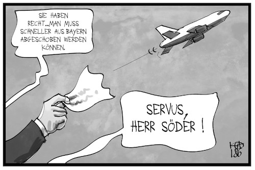 Cartoon: Bayerisches Asylrecht (medium) by Kostas Koufogiorgos tagged karikatur,koufogiorgos,illustration,cartoon,asyl,asylrecht,asylpolitik,söder,csu,ministerpräsident,servus,abschiebung,flugzeug,immigration,flüchtlinge,einwanderung,abschied,karikatur,koufogiorgos,illustration,cartoon,asyl,asylrecht,asylpolitik,söder,csu,ministerpräsident,servus,abschiebung,flugzeug,immigration,flüchtlinge,einwanderung,abschied