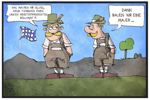 Cartoon: Bayern und Thüringen (medium) by Kostas Koufogiorgos tagged karikatur,koufogiorgos,illustration,cartoon,mauer,bayern,thüringer,links,ministerpräsident,linke,csu,politik,karikatur,koufogiorgos,illustration,cartoon,mauer,bayern,thüringer,links,ministerpräsident,linke,csu,politik