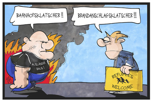 Cartoon: Beifallklatscher (medium) by Kostas Koufogiorgos tagged karikatur,koufogiorgos,illustration,cartoon,rechtsextremismus,terrorismus,brandanschlag,bahnhof,klatscher,willkommenskultur,welcome,refugees,neonazi,ausländer,flüchtlinge,gutmensch,feuer,flüchtlingsheim,asylunterkunft,karikatur,koufogiorgos,illustration,cartoon,rechtsextremismus,terrorismus,brandanschlag,bahnhof,klatscher,willkommenskultur,welcome,refugees,neonazi,ausländer,flüchtlinge,gutmensch,feuer,flüchtlingsheim,asylunterkunft