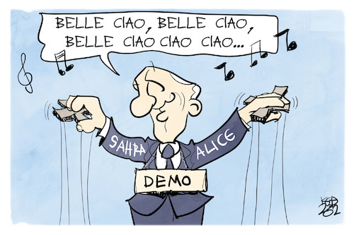 Cartoon: Belle Ciao (medium) by Kostas Koufogiorgos tagged karikatur,koufogiorgos,wagenknecht,schwarzer,demonstration,manifest,pution,marionette,belle,ciao,karikatur,koufogiorgos,wagenknecht,schwarzer,demonstration,manifest,pution,marionette,belle,ciao