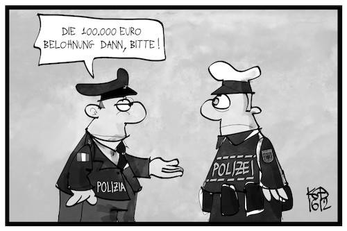 Cartoon: Belohnung für Italien (medium) by Kostas Koufogiorgos tagged karikatur,koufogiorgos,illustration,cartoon,anis,amri,terrorist,breitscheidplatz,anschlag,islamismus,italien,deutschland,polizia,polizei,polizist,belohnung,karikatur,koufogiorgos,illustration,cartoon,anis,amri,terrorist,breitscheidplatz,anschlag,islamismus,italien,deutschland,polizia,polizei,polizist,belohnung