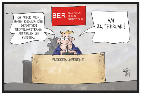 Cartoon: BER (medium) by Kostas Koufogiorgos tagged karikatur,koufogiorgos,illustration,cartoon,ber,flughafen,berlin,brandenburg,eröffnung,verschieben,panne,pressekonferenz,karikatur,koufogiorgos,illustration,cartoon,ber,flughafen,berlin,brandenburg,eröffnung,verschieben,panne,pressekonferenz