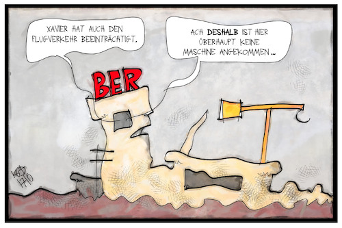 Cartoon: BER (medium) by Kostas Koufogiorgos tagged karikatur,koufogiorgos,illustrtion,cartoon,ber,flughafen,berlin,xavier,sturm,orkan,flugbetrieb,wetter,baustelle,karikatur,koufogiorgos,illustrtion,cartoon,ber,flughafen,berlin,xavier,sturm,orkan,flugbetrieb,wetter,baustelle