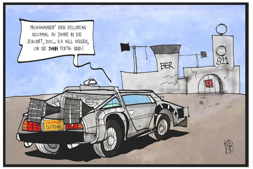 Cartoon: BER und S21 (medium) by Kostas Koufogiorgos tagged karikatur,koufogiorgos,illustration,cartoon,ber,s21,stuttgart,bahnhof,flughafen,grossprojekt,delorean,mcfly,zukunft,zeitmaschine,vision,berlin,baustelle,infrastruktur,bahn,karikatur,koufogiorgos,illustration,cartoon,ber,s21,stuttgart,bahnhof,flughafen,grossprojekt,delorean,mcfly,zukunft,zeitmaschine,vision,berlin,baustelle,infrastruktur,bahn