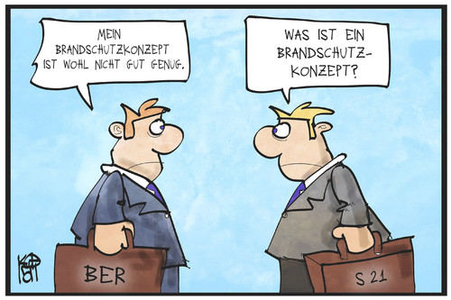 Cartoon: BER und S21 (medium) by Kostas Koufogiorgos tagged karikatur,koufogiorgos,illustration,cartoon,ber,flughafen,brandschutz,s21,stuttgart,berlin,brandenburg,grossprojekt,feuer,sicherheit,karikatur,koufogiorgos,illustration,cartoon,ber,flughafen,brandschutz,s21,stuttgart,berlin,brandenburg,grossprojekt,feuer,sicherheit