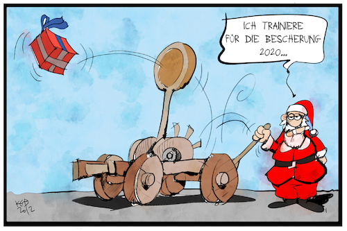 Cartoon: Bescherungstraining (medium) by Kostas Koufogiorgos tagged karikatur,koufogiorgos,illustration,cartoon,weihnachten,weihnachtsmann,kontakt,beschraenkung,katapult,geschenk,bescherung,pandemie,karikatur,koufogiorgos,illustration,cartoon,weihnachten,weihnachtsmann,kontakt,beschraenkung,katapult,geschenk,bescherung,pandemie