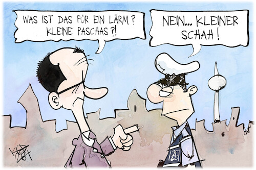 Cartoon: Besuch vom Schah (medium) by Kostas Koufogiorgos tagged karikatur,koufogiorgos,schah,berlin,protest,polizei,pascha,merz,karikatur,koufogiorgos,schah,berlin,protest,polizei,pascha,merz