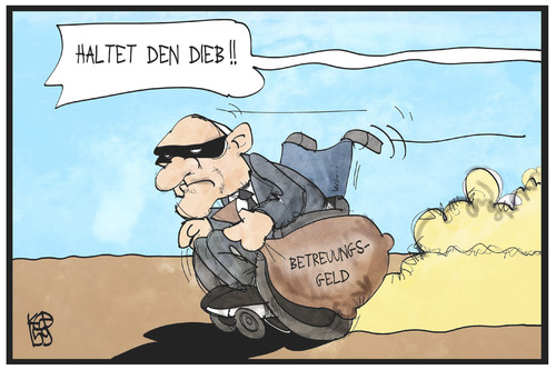 Cartoon: Betreuungsgeld (medium) by Kostas Koufogiorgos tagged karikatur,koufogiorgos,illustration,cartoon,betreuungsgeld,herdprämie,schäuble,räuber,dieb,geld,haushalt,familienpolitik,politik,karikatur,koufogiorgos,illustration,cartoon,betreuungsgeld,herdprämie,schäuble,räuber,dieb,geld,haushalt,familienpolitik,politik