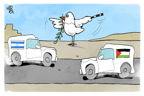 Cartoon: Bewegung im Nahost-Krieg (medium) by Kostas Koufogiorgos tagged karikatur,koufogiorgos,gaza,friedenstaube,geisel,häftling,koordination,israel,karikatur,koufogiorgos,gaza,friedenstaube,geisel,häftling,koordination,israel