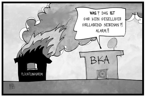 Cartoon: BKA-Warnung (medium) by Kostas Koufogiorgos tagged karikatur,koufogiorgos,illustration,cartoon,bka,bundeskriminalamt,flüchtlingskrise,brand,unterkunft,heim,grillen,feuer,alarm,rechtsextremismus,anschlag,karikatur,koufogiorgos,illustration,cartoon,bka,bundeskriminalamt,flüchtlingskrise,brand,unterkunft,heim,grillen,feuer,alarm,rechtsextremismus,anschlag