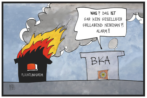 Cartoon: BKA-Warnung (medium) by Kostas Koufogiorgos tagged karikatur,koufogiorgos,illustration,cartoon,bka,bundeskriminalamt,flüchtlingskrise,brand,unterkunft,heim,grillen,feuer,alarm,rechtsextremismus,anschlag,karikatur,koufogiorgos,illustration,cartoon,bka,bundeskriminalamt,flüchtlingskrise,brand,unterkunft,heim,grillen,feuer,alarm,rechtsextremismus,anschlag