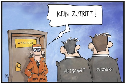 Cartoon: BND-NSA-Affäre (medium) by Kostas Koufogiorgos tagged karikatur,koufogiorgos,illustration,cartoon,nsa,bnd,wahrheit,geheimdienst,wirtschaft,opposition,zutritt,aufklärung,politik,spionage,karikatur,koufogiorgos,illustration,cartoon,nsa,bnd,wahrheit,geheimdienst,wirtschaft,opposition,zutritt,aufklärung,politik,spionage