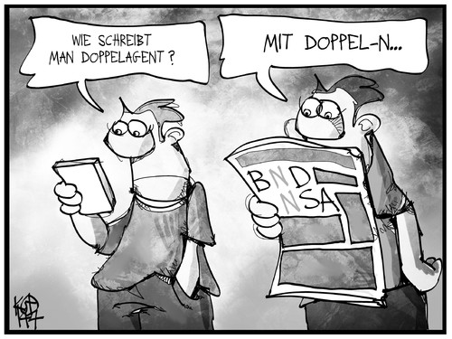 Cartoon: BND und NSA (medium) by Kostas Koufogiorgos tagged karikatur,koufogiorgos,illustration,cartoon,doppelagent,spionage,usa,deutschland,geheimdienst,politik,karikatur,koufogiorgos,illustration,cartoon,doppelagent,spionage,usa,deutschland,geheimdienst,politik