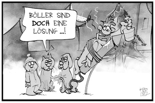 Cartoon: Böller sind die Lösung (medium) by Kostas Koufogiorgos tagged karikatur,koufogiorgos,illustration,cartoon,böller,silvester,feuerwerk,knaller,müll,feinstaub,diesel,umwelt,verschmutzung,luft,angst,tier,kind,katze,hund,rakete,karikatur,koufogiorgos,illustration,cartoon,böller,silvester,feuerwerk,knaller,müll,feinstaub,diesel,umwelt,verschmutzung,luft,angst,tier,kind,katze,hund,rakete