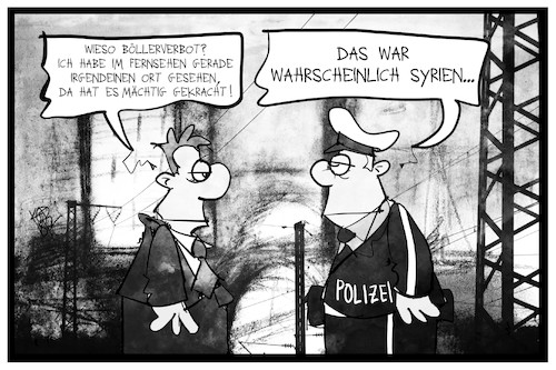 Cartoon: Böllerverbot (medium) by Kostas Koufogiorgos tagged karikatur,koufogiorgos,illustration,cartoon,silvester,boeller,feuerwerk,polizei,syrien,krieg,jahreswechsel,karikatur,koufogiorgos,illustration,cartoon,silvester,boeller,feuerwerk,polizei,syrien,krieg,jahreswechsel