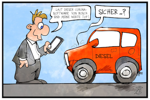 Cartoon: Bosch-Schnelltest (medium) by Kostas Koufogiorgos tagged karikatur,koufogiorgos,illustration,cartoon,corona,covid,bosch,diesel,auto,dieselgate,abgasaffäre,betrug,pandemie,virus,test,schnelltest,werte,karikatur,koufogiorgos,illustration,cartoon,corona,covid,bosch,diesel,auto,dieselgate,abgasaffäre,betrug,pandemie,virus,test,schnelltest,werte