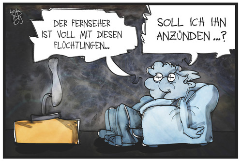 Cartoon: Brandanschläge (medium) by Kostas Koufogiorgos tagged karikatur,koufogiorgos,illustration,cartoon,brandanschlag,anzünden,feuer,brandstiftung,fernsehen,fernseher,medien,zuschauer,ausländerfeindlichkeit,flüchtlinge,karikatur,koufogiorgos,illustration,cartoon,brandanschlag,anzünden,feuer,brandstiftung,fernsehen,fernseher,medien,zuschauer,ausländerfeindlichkeit,flüchtlinge