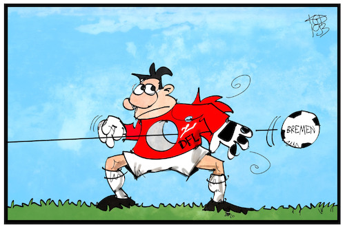 Cartoon: Bremen gewinnt (medium) by Kostas Koufogiorgos tagged karikatur,koufogiorgos,illustration,cartoon,fußball,kosten,dfl,bundesliga,sport,bremen,polizei,hochrisikospiel,karikatur,koufogiorgos,illustration,cartoon,fußball,kosten,dfl,bundesliga,sport,bremen,polizei,hochrisikospiel