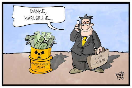 Cartoon: Brennelementesteuer (medium) by Kostas Koufogiorgos tagged karikatur,koufogiorgos,illustration,cartoon,verfassungsgericht,karlsruhe,atom,strom,energie,brennelemente,energiekonzern,geld,gewinn,profit,karikatur,koufogiorgos,illustration,cartoon,verfassungsgericht,karlsruhe,atom,strom,energie,brennelemente,energiekonzern,geld,gewinn,profit