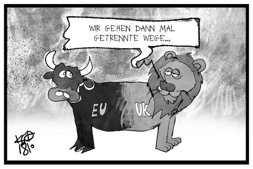 Cartoon: Brexit (medium) by Kostas Koufogiorgos tagged karikatur,koufogiorgos,illustration,cartoon,brexit,eu,uk,europa,grossbritannien,stier,löwe,karikatur,koufogiorgos,illustration,cartoon,brexit,eu,uk,europa,grossbritannien,stier,löwe