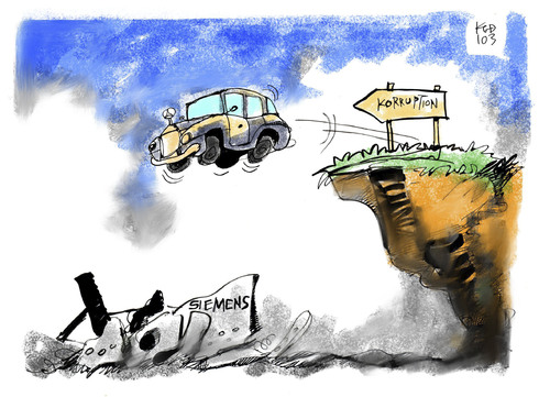 Cartoon: Bruchlandung (medium) by Kostas Koufogiorgos tagged daimler,siemens,usa,deutschland,stuttgart,korruption,bestechung,schmiergeld,auto,industrie,strafe,gericht,abgrund,wirtschaft