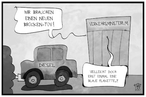 Cartoon: Brücken-TÜV (medium) by Kostas Koufogiorgos tagged karikatur,koufogiorgos,illustration,cartoon,brücke,auto,tüv,plakette,scheuer,verkehrsministerium,dieselgate,abgasskandal,karikatur,koufogiorgos,illustration,cartoon,brücke,auto,tüv,plakette,scheuer,verkehrsministerium,dieselgate,abgasskandal