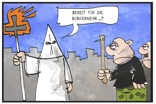 Cartoon: Bürgerwehr (medium) by Kostas Koufogiorgos tagged karikatur,koufogiorgos,illustration,cartoon,buergerwehr,ku,klux,klan,rechtsextremismus,rechtsradikal,terrorismus,ausländerfeindlichkeit,karikatur,koufogiorgos,illustration,cartoon,buergerwehr,ku,klux,klan,rechtsextremismus,rechtsradikal,terrorismus,ausländerfeindlichkeit