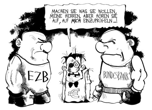 Cartoon: Bundesbank vs. EZB (medium) by Kostas Koufogiorgos tagged bundesbank,bank,ezb,europa,eu,kampf,ringrichter,euro,schulden,krise,karikatur,wirtschaft,kostas,koufogiorgos,bundesbank,bank,ezb,europa,eu,kampf,ringrichter,euro,schulden,krise,karikatur,wirtschaft,kostas,koufogiorgos