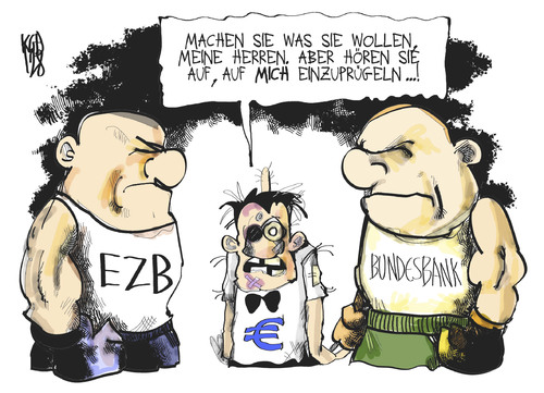 Cartoon: Bundesbank vs. EZB (medium) by Kostas Koufogiorgos tagged bundesbank,bank,ezb,europa,eu,kampf,ringrichter,euro,schulden,krise,karikatur,wirtschaft,kostas,koufogiorgos,bundesbank,bank,ezb,europa,eu,kampf,ringrichter,euro,schulden,krise,karikatur,wirtschaft,kostas,koufogiorgos