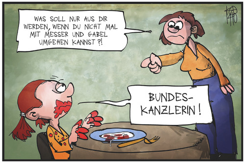 Cartoon: Bundeskanzlerin (medium) by Kostas Koufogiorgos tagged karikatur,koufogiorgos,illustration,cartoon,bundeskanzlerin,manieren,essen,tisch,familie,mutter,tochter,karriere,zukunft,erziehung,politik,karikatur,koufogiorgos,illustration,cartoon,bundeskanzlerin,manieren,essen,tisch,familie,mutter,tochter,karriere,zukunft,erziehung,politik