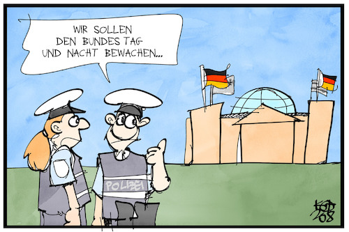 Cartoon: Bundestag bewachen (medium) by Kostas Koufogiorgos tagged karikatur,koufogiorgos,illustration,cartoon,reichstagsgebaeude,bundestag,polizei,wache,tag,nacht,demokratie,schutz,karikatur,koufogiorgos,illustration,cartoon,reichstagsgebaeude,bundestag,polizei,wache,tag,nacht,demokratie,schutz