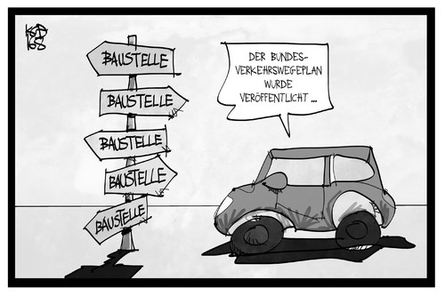 Cartoon: Bundesverkehrswegeplan (medium) by Kostas Koufogiorgos tagged karikatur,koufogiorgos,illustration,cartoon,bundesverkehrswegeplan,strasse,baustelle,wegweiser,auto,verkehr,infrastruktur,instandhaltung,karikatur,koufogiorgos,illustration,cartoon,bundesverkehrswegeplan,strasse,baustelle,wegweiser,auto,verkehr,infrastruktur,instandhaltung