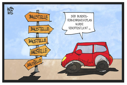 Cartoon: Bundesverkehrswegeplan (medium) by Kostas Koufogiorgos tagged karikatur,koufogiorgos,illustration,cartoon,bundesverkehrswegeplan,strasse,baustelle,wegweiser,auto,verkehr,infrastruktur,instandhaltung,karikatur,koufogiorgos,illustration,cartoon,bundesverkehrswegeplan,strasse,baustelle,wegweiser,auto,verkehr,infrastruktur,instandhaltung