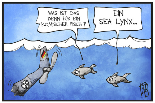 Cartoon: Bundeswehr-Ausrüstung (medium) by Kostas Koufogiorgos tagged illustration,koufogiorgos,karikatur,helikopter,militär,fisch,see,bundeswehr,marine,hubschrauber,lynx,sea,cartoon,karikatur,koufogiorgos,illustration,cartoon,sea,lynx,hubschrauber,marine,bundeswehr,see,fisch,militär,helikopter