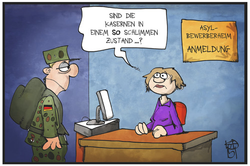 Cartoon: Bundeswehr-Ausstattung (medium) by Kostas Koufogiorgos tagged karikatur,koufogiorgos,illustration,cartoon,bundeswehr,kaserne,soldat,asylbewerberheim,asylantrag,karikatur,koufogiorgos,illustration,cartoon,bundeswehr,kaserne,soldat,asylbewerberheim,asylantrag