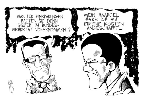 Cartoon: Bundeswehr-Reform (medium) by Kostas Koufogiorgos tagged guttenberg,bundeswehr,reform,einsparungen,maiziere,gel,geld,verteidigungsminister