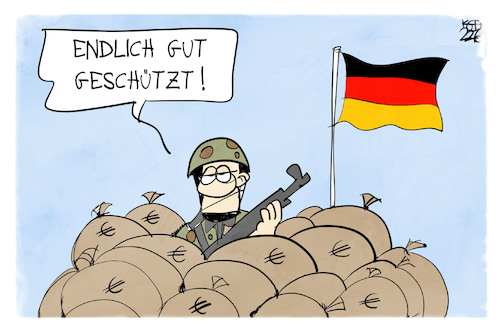 Cartoon: Bundeswehr-Sondervermögen (medium) by Kostas Koufogiorgos tagged karikatur,koufogiorgos,sondervermögen,bundeswehr,schutzwall,soldat,verteidigung,geldsack,karikatur,koufogiorgos,sondervermögen,bundeswehr,schutzwall,soldat,verteidigung,geldsack