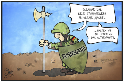 Cartoon: Bundeswehr (medium) by Kostas Koufogiorgos tagged karikatur,koufogiorgos,illustration,cartoon,bujndeswehr,gewehr,waffe,rüstung,rüstungsmängel,soldat,militär,tradition,sicherheit,karikatur,koufogiorgos,illustration,cartoon,bujndeswehr,gewehr,waffe,rüstung,rüstungsmängel,soldat,militär,tradition,sicherheit