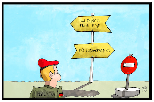 Cartoon: Bundeswehr (medium) by Kostas Koufogiorgos tagged karikatur,koufogiorgos,illustration,cartoon,bundeswehr,inspektor,rüstung,panne,haltung,skandal,militär,aufklärung,karikatur,koufogiorgos,illustration,cartoon,bundeswehr,inspektor,rüstung,panne,haltung,skandal,militär,aufklärung