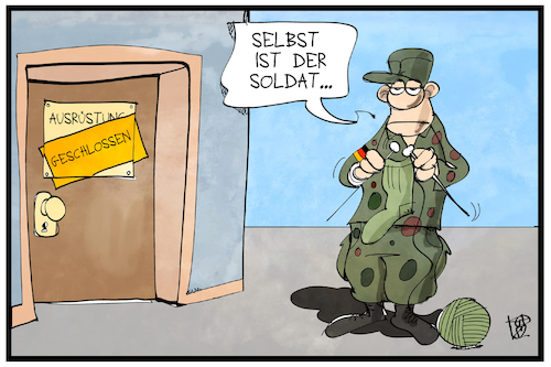 Cartoon: Bundeswehr (medium) by Kostas Koufogiorgos tagged karikatur,koufogiorgos,illustration,cartoon,bundeswehr,ausrüstung,socken,winterkleidung,stricken,soldat,mangel,armee,karikatur,koufogiorgos,illustration,cartoon,bundeswehr,ausrüstung,socken,winterkleidung,stricken,soldat,mangel,armee