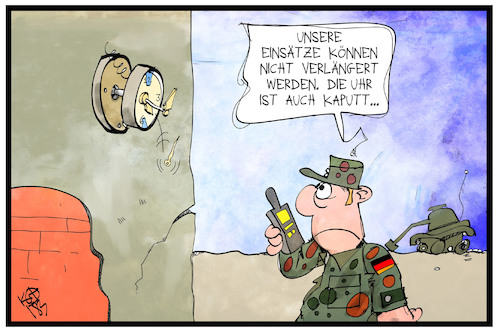 Cartoon: Bundeswehr (medium) by Kostas Koufogiorgos tagged karikatur,koufogiorgos,illustration,cartoon,bundeswehr,verlängerung,ausland,einsatz,uhr,defekt,kaputt,rüstungsmängel,ausstattung,militär,soldat,karikatur,koufogiorgos,illustration,cartoon,bundeswehr,verlängerung,ausland,einsatz,uhr,defekt,kaputt,rüstungsmängel,ausstattung,militär,soldat