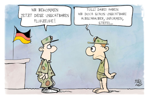 Cartoon: Bundeswehr (medium) by Kostas Koufogiorgos tagged koufogiorgos,karikatur,bundeswehr,soldat,mängel,rüstung,armee,tarnkappenbomber,f35,unsichtbar,koufogiorgos,karikatur,bundeswehr,soldat,mängel,rüstung,armee,tarnkappenbomber,f35,unsichtbar