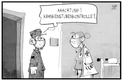 Cartoon: Bundeswehr hilft aus (medium) by Kostas Koufogiorgos tagged karikatur,koufogiorgos,illustration,cartoon,bundeswehr,soldat,stubenkontrolle,militär,krankenhaus,pflegeheim,krankenschwester,pflege,covid,corona,pandemie,karikatur,koufogiorgos,illustration,cartoon,bundeswehr,soldat,stubenkontrolle,militär,krankenhaus,pflegeheim,krankenschwester,pflege,covid,corona,pandemie