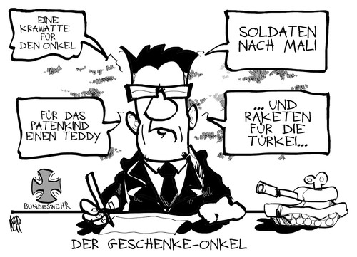 Cartoon: Bundeswehr in die Türkei (medium) by Kostas Koufogiorgos tagged bundeswehr,de,maiziere,geschenk,türkei,mali,einsatz,krieg,nato,rakete,soldaten,karikatur,kostas,koufogiorgos,bundeswehr,de,maiziere,geschenk,türkei,mali,einsatz,krieg,nato,rakete,soldaten,karikatur,kostas,koufogiorgos