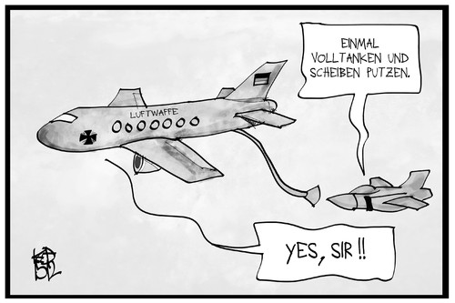 Cartoon: Bundeswehr in Syrien (medium) by Kostas Koufogiorgos tagged karikatur,koufogiorgos,illustration,cartoon,bundeswehr,tankflugzeug,tanken,syrien,is,terrorismus,kampf,konflikt,einsatz,diener,karikatur,koufogiorgos,illustration,cartoon,bundeswehr,tankflugzeug,tanken,syrien,is,terrorismus,kampf,konflikt,einsatz,diener