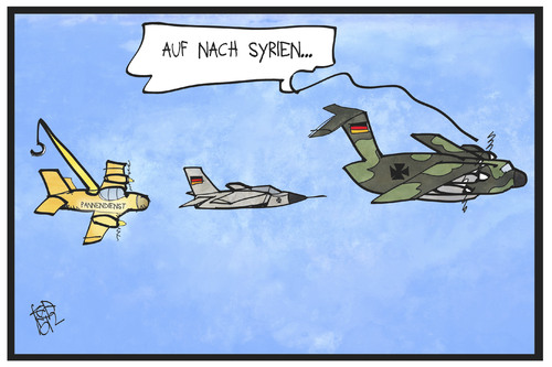 Cartoon: Bundeswehr nach Syrien (medium) by Kostas Koufogiorgos tagged karikatur,koufogiorgos,illustration,cartoon,syrien,a400m,airbus,tornado,pannenservice,pannendienst,bundeswehr,ausrüstung,flugzeug,konflikt,krieg,karikatur,koufogiorgos,illustration,cartoon,syrien,a400m,airbus,tornado,pannenservice,pannendienst,bundeswehr,ausrüstung,flugzeug,konflikt,krieg