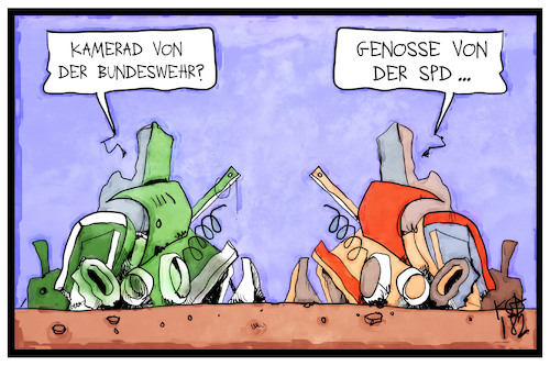 Cartoon: Bundeswehr und SPD (medium) by Kostas Koufogiorgos tagged karikatur,koufogiorgos,illustration,cartoon,bundeswehr,spd,partei,ausrüstung,schrott,bruchlandung,sozialdemokraten,kamerad,genosse,demokratie,militär,soldat,armee,karikatur,koufogiorgos,illustration,cartoon,bundeswehr,spd,partei,ausrüstung,schrott,bruchlandung,sozialdemokraten,kamerad,genosse,demokratie,militär,soldat,armee