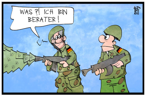 Cartoon: Bundeswehrberater (medium) by Kostas Koufogiorgos tagged karikatur,koufogiorgos,illustration,cartoon,berater,bundeswehr,geld,verpulvern,gewehr,schiessen,soldat,militär,karikatur,koufogiorgos,illustration,cartoon,berater,bundeswehr,geld,verpulvern,gewehr,schiessen,soldat,militär